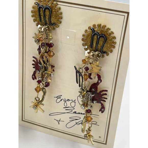 Lunch at The Ritz Scorpio Zodiac Post Dangle Earrings VTG 90s Signed Menu Card - Picture 2 of 8